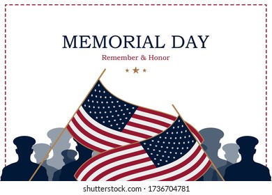 Happy Memorial Day. Greeting card with USA flag and silhouette soldiers on background. National American holiday event. Flat vector illustration EPS10