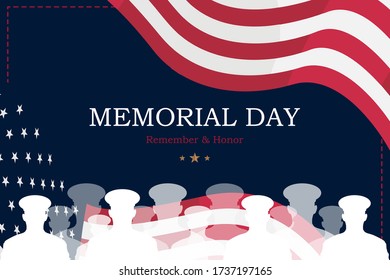 Happy Memorial Day. Greeting card with USA flag and silhouette soldiers on background. National American holiday event. Flat vector illustration EPS10