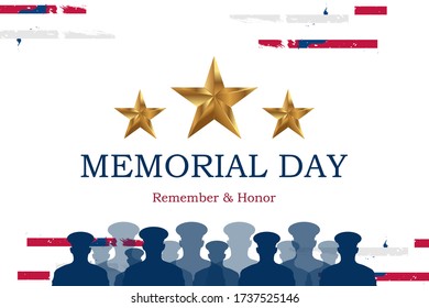 Happy Memorial Day. Greeting card with USA flag and silhouette soldiers on background. National American holiday event. Flat vector illustration EPS10