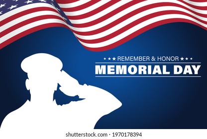 Happy memorial day. Greeting card with flag and soldier on background. Soldier silhouette saluting the USA flag. Poster or banners illustration.