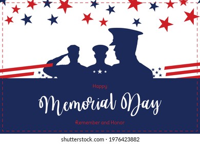 Happy Memorial Day. Greeting card with USA flag and silhouette soldiers on white background. National American holiday event. Flat vector illustration EPS10.