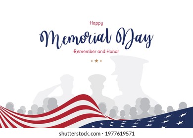 Happy Memorial Day. Greeting card with USA flag and silhouette soldiers on white background. National American holiday event. Flat vector illustration EPS10.