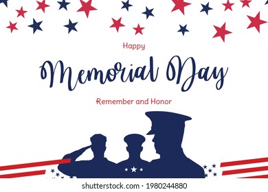 Happy Memorial Day. Greeting card with USA flag and silhouette soldiers on white background. National American holiday event. Flat vector illustration EPS10.