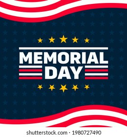 Happy Memorial Day. Greeting card with American flag and silhouette of American soldiers. Vector illustration of National American holiday event. Flat vector illustration.