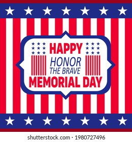 Happy Memorial Day. Greeting card with American flag and silhouette of American soldiers. Vector illustration of National American holiday event. Flat vector illustration.