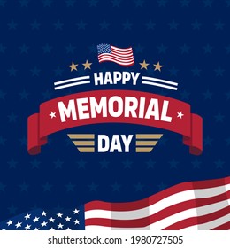 Happy Memorial Day. Greeting card with American flag and silhouette of American soldiers. Vector illustration of National American holiday event. Flat vector illustration.