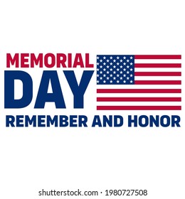 Happy Memorial Day. Greeting card with American flag and silhouette of American soldiers. Vector illustration of National American holiday event. Flat vector illustration.