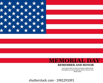 Happy Memorial Day. Greeting card with American flag and silhouette of American soldiers. Vector illustration of National American holiday event. Flat vector illustration.