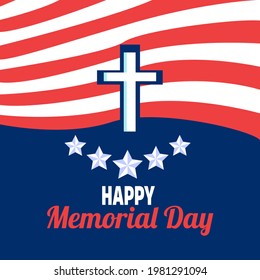 Happy Memorial Day. Greeting card with American flag and silhouette of American soldiers. Vector illustration of National American holiday event. Flat vector illustration.