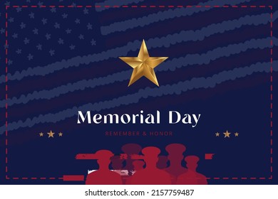 Happy memorial day. Greeting card with flag and silhouette of soldiers. National American holiday event. Flat Vector illustration EPS10.