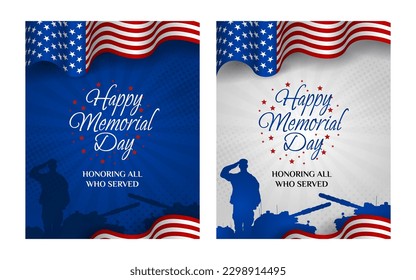 Happy Memorial Day Greeting Card with Waving USA flag vector background illustration for banner, poster, social media feed