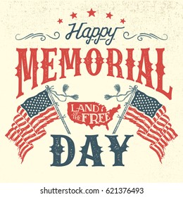 Happy Memorial Day greeting card. Hand-lettering party invitation. Sketch of american patriotic flags and country. Vintage typography illustration