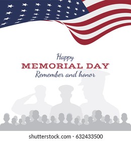 Happy memorial day. Greeting card with flag and soldier on background. National American holiday event.
