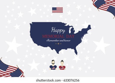 Happy memorial day. Greeting card with flag and soldier on background. National American holiday event.