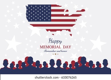 Happy memorial day. Greeting card with flag and soldier on background. National American holiday event.