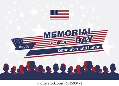 Happy memorial day. Greeting card with flag and soldier on background. National American holiday event.