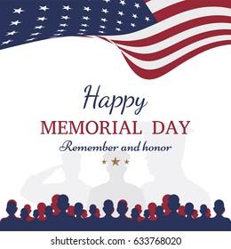 Happy memorial day. Greeting card with flag and soldier on background. National American holiday event.
