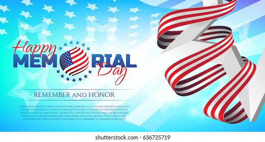 Happy Memorial Day greeting card with national flag colors ribbon and white star on colorful background. Remember and honor. Can be used for design your website or print publications and other