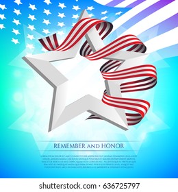 Happy Memorial Day greeting card with national flag colors ribbon and white star on colorful background. Remember and honor. Can be used for design your website or print publications and other
