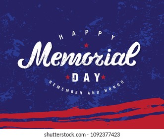 Happy Memorial Day hand drawn lettering emblem. For greeting card, Sale banner or poster. Design template celebration. Vector illustration. 