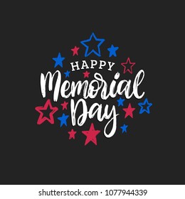 Happy Memorial Day handwritten phrase in vector. National american holiday illustration with color stars. Festive poster, greeting card, invitation etc.