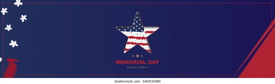 Happy memorial day. Horizontal long banner with a big star with a shadow, on the background of the USA flag. National American holiday event. Flat Vector illustration EPS10