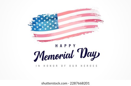 Happy Memorial Day lettering and watercolor flag. Celebration design for american holiday - In Honor of our Heroes, with USA grunge flag and text. Vector illustration