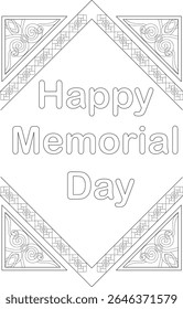 Feliz Dia Memorial ilustração de arte linha com um elegante, ornamentado preto e branco quadro decorativo com padrões geométricos e redemoinho, perfeito para desenhos comemorativos e coloração.