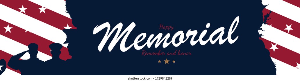 Happy Memorial Day. Long Banner with USA flag and silhouette soldiers on blue background. National American holiday event. Flat vector illustration EPS10