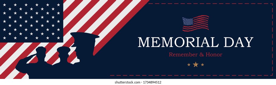 Happy Memorial Day. Long Banner with USA flag and silhouette soldiers on blue background. National American holiday event. Flat vector illustration EPS10