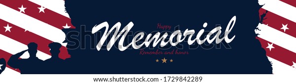 Happy Memorial Day. Long Banner with\
USA flag and silhouette soldiers on blue background. National\
American holiday event. Flat vector illustration\
EPS10