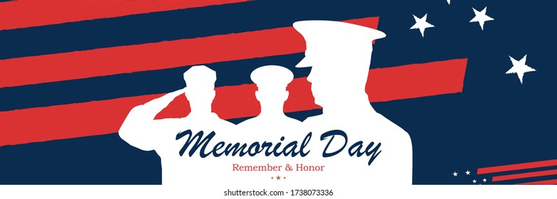 Happy Memorial Day. Long greeting card with USA flag and silhouette soldiers on blue background. National American holiday event. Flat vector illustration EPS10