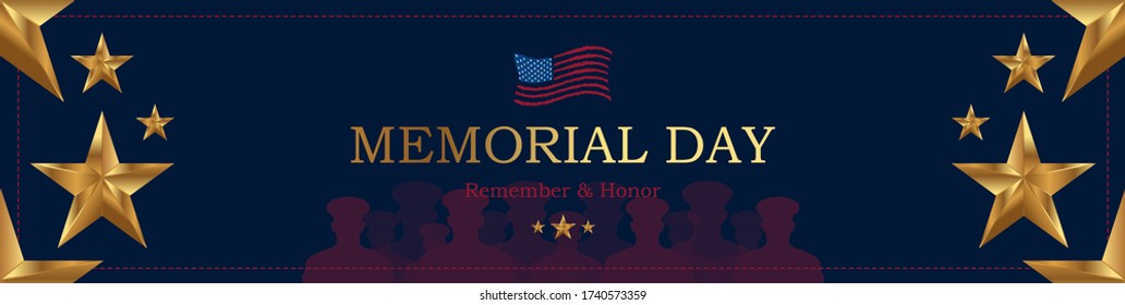 Happy Memorial Day. Long Greeting card with USA flag and silhouette soldiers with gold stars on blue background. National American holiday event. Flat vector illustration EPS10