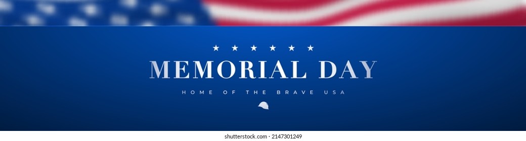 Happy Memorial Day long horizontal banner with text and blurred american flag. Stock vector illustration.