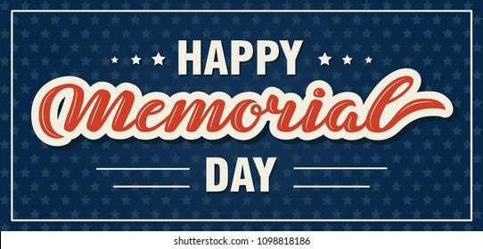 Happy Memorial Day. National american holiday vector illustration.  Hand sketched text isolated on dark blue background with srtars and frame. Template for Memorial Day greeteng card, flyer or banner 