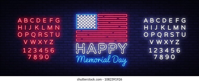 Happy Memorial Day neon sign. Neon signboard greeting card, light banner, night sign advertising celebration Memorial Day, USA Holiday. Vector illustration. Editing text neon sign