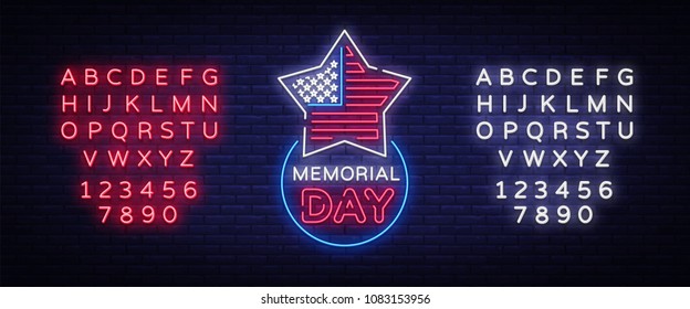Happy Memorial Day neon sign. Neon signboard greeting card, light banner, night sign advertising celebration Memorial Day, USA Holiday. Vector illustration. Editing text neon sign