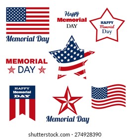 Happy Memorial Day. Patriotic American Flag. Vector Set