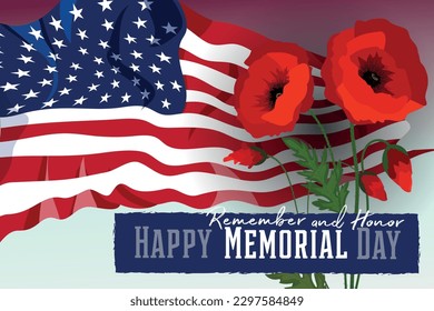 Happy Memorial Day patriotic banner - American waving flag and poppy flowers