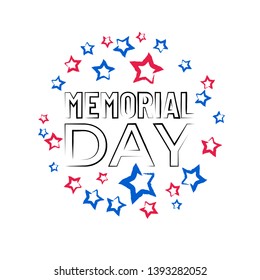 Happy Memorial Day phrase in vector. National american holiday card with colors stars and dark text. Festive poster or banner. Flat template, concept for design.