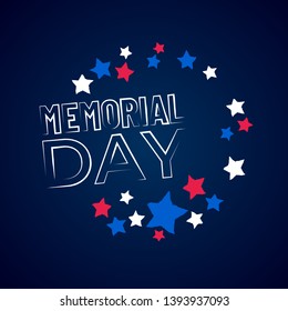 Happy Memorial Day phrase. vector template. National american holiday card with red and blue stars and text. Festive poster. Flat concept for design.