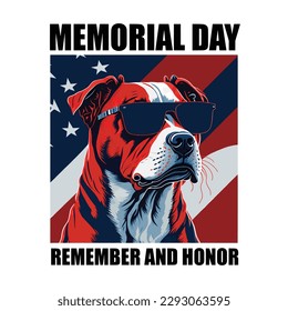 Happy Memorial Day Pitbull Dog Wearing Sunglasses And USA Flag Background