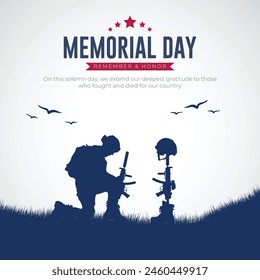 Happy Memorial Day Post and Banner Design. Memorial Day USA Celebration with Text and Soldier Kneeling Vector Illustration