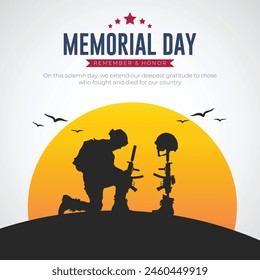 Happy Memorial Day Post and Banner Design. Memorial Day USA Celebration with Text and Soldier Kneeling Vector Illustration