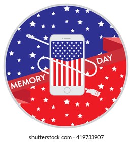 Happy Memorial Day poster Design Template with modern mobile phone with charger cable, power supply unit. Editable vector illustration. Patriotic picture of the American flag style.