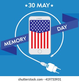 Happy Memorial Day poster Design Template with modern mobile phone with charger cable, power supply unit. Editable vector illustration. Patriotic picture of the American flag style.