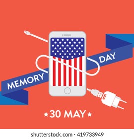 Happy Memorial Day poster Design Template with modern mobile phone with charger cable, power supply unit. Editable vector illustration. Patriotic picture of the American flag style.