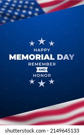 Happy Memorial Day poster with text and blurred american flag. Vector template for National American holiday event.