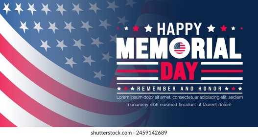 Happy Memorial Day Remember and Honor typography background template. American national holiday with USA flag banner design. Memorial Day background with USA flag design.