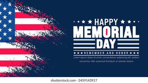 Happy Memorial Day Remember and Honor typography with paint brush stroke background template. American national holiday with USA flag banner design. Memorial Day background with USA flag banner design